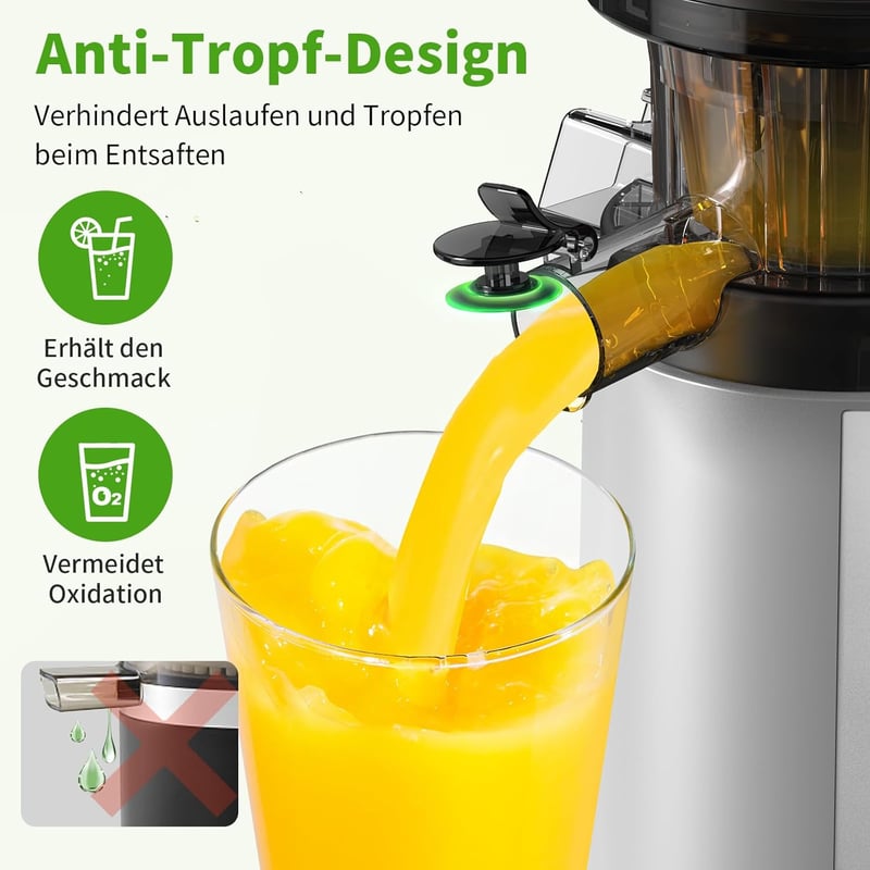 AIRMSEN Lassú Gyümölcscentrifuga 82mm Nyílással, 450W BPA-Mentes Hidegprés Turmixgép Ezüst