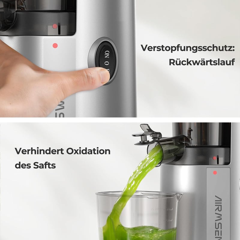 AIRMSEN Lassú Gyümölcscentrifuga 82mm Nyílással, 450W BPA-Mentes Hidegprés Gyümölcs és Zöldség Préshez