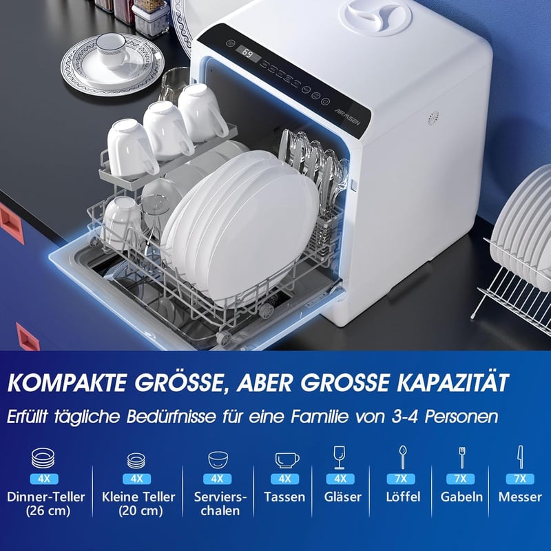 AIRMSEN Mini Mosogatógép 5+1 Program Érintésvezérlés LED Kijelző Fehér