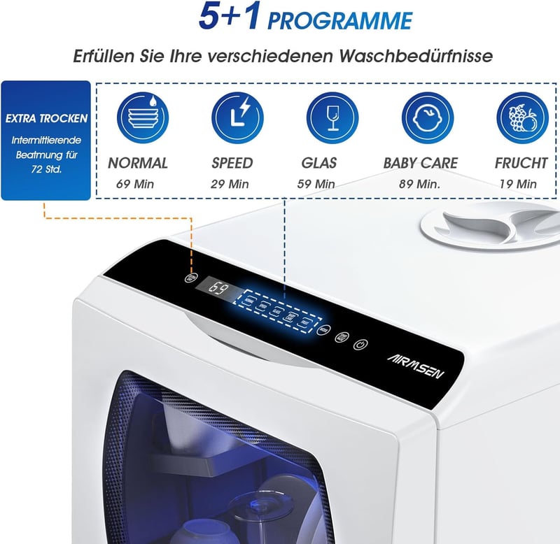 AIRMSEN Mini Mosogatógép 5+1 Program Érintésvezérlés LED Kijelző Fehér