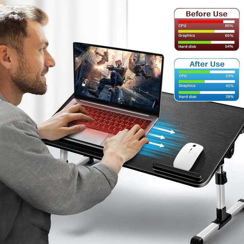 AirOpen Állítható Laptop Asztal Ágyhoz, Hűtővel és Fiókkal, 60x34cm, Fekete