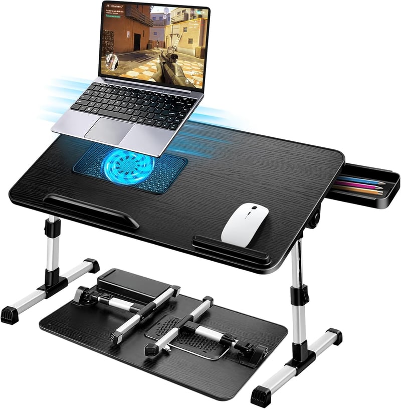 AirOpen Állítható Laptop Asztal Ágyhoz, Hűtővel és Fiókkal, Összecsukható 53x30cm Fekete