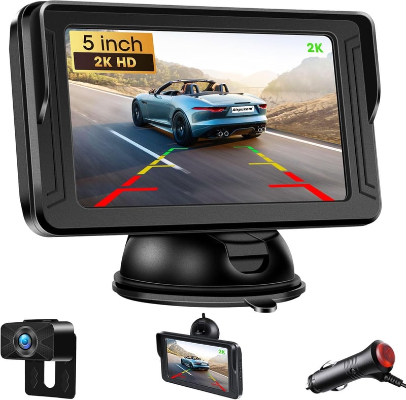 Airpuxem 2K Tolatókamera 5 Colos Monitorral - Fúrás Nélküli, IP69 Vízálló, Éjjellátó Funkció, Egyszerű Telepítés, 12V, SUV/Pickup/Lakóautó K