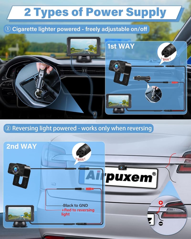 Airpuxem 2K Tolatókamera 5 Colos Monitorral - Fúrás Nélküli, IP69 Vízálló, Éjjellátó Funkció, Egyszerű Telepítés, 12V, SUV/Pickup/Lakóautó K