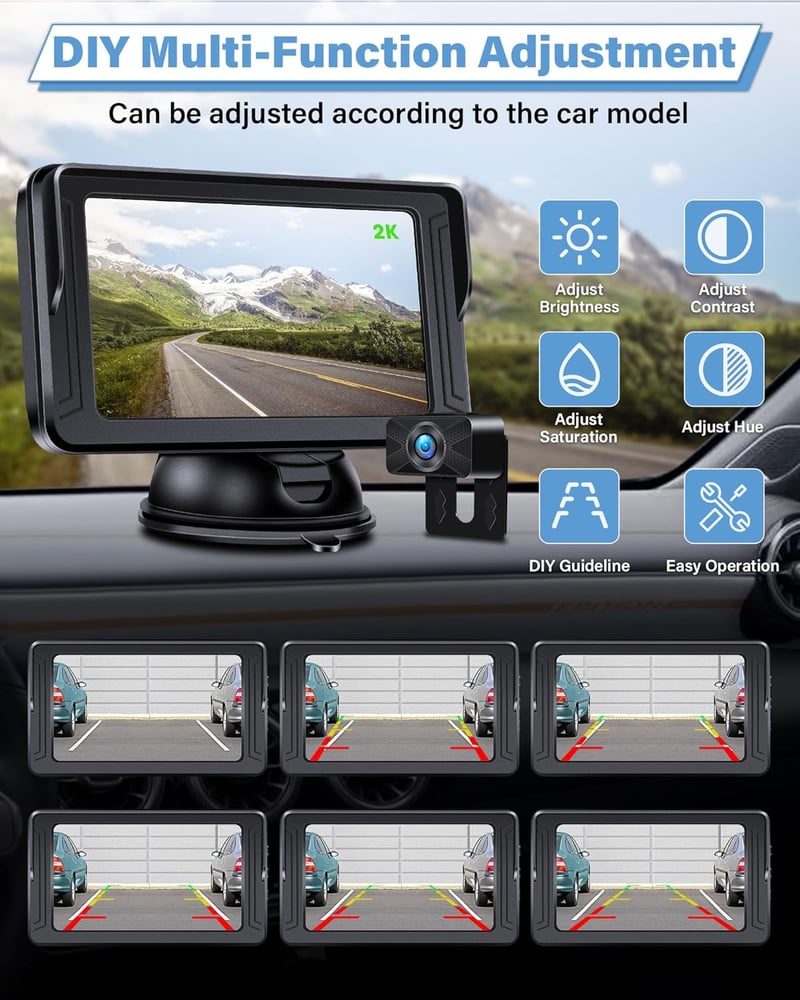 Airpuxem 2K Tolatókamera 5 Colos Monitorral - Fúrás Nélküli, IP69 Vízálló, Éjjellátó Funkció, Egyszerű Telepítés, 12V, SUV/Pickup/Lakóautó K