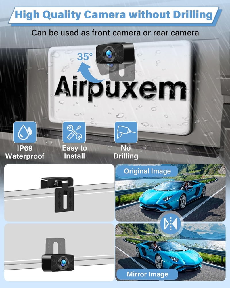 Airpuxem 2K Tolatókamera 5 Colos Monitorral - Fúrás Nélküli, IP69 Vízálló, Éjjellátó Funkció, Egyszerű Telepítés, 12V, SUV/Pickup/Lakóautó K