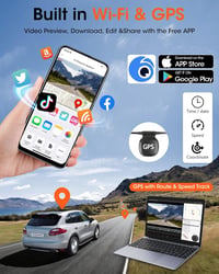 Airpuxem 4K Autós Fedélzeti Kamera WiFi GPS Funkcióval, Első-Hátsó Rögzítéssel, Éjjellátó Üzemmóddal, 170° Látószöggel, WDR, G-szenzor, Type 3