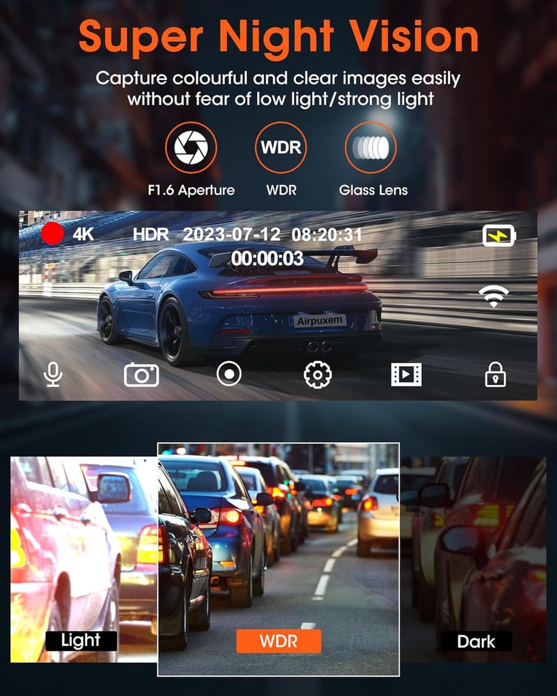Airpuxem 4K Autós Fedélzeti Kamera WiFi GPS Funkcióval, Első-Hátsó Rögzítéssel, Éjjellátó Üzemmóddal, 170° Látószöggel, WDR, G-szenzor, Type