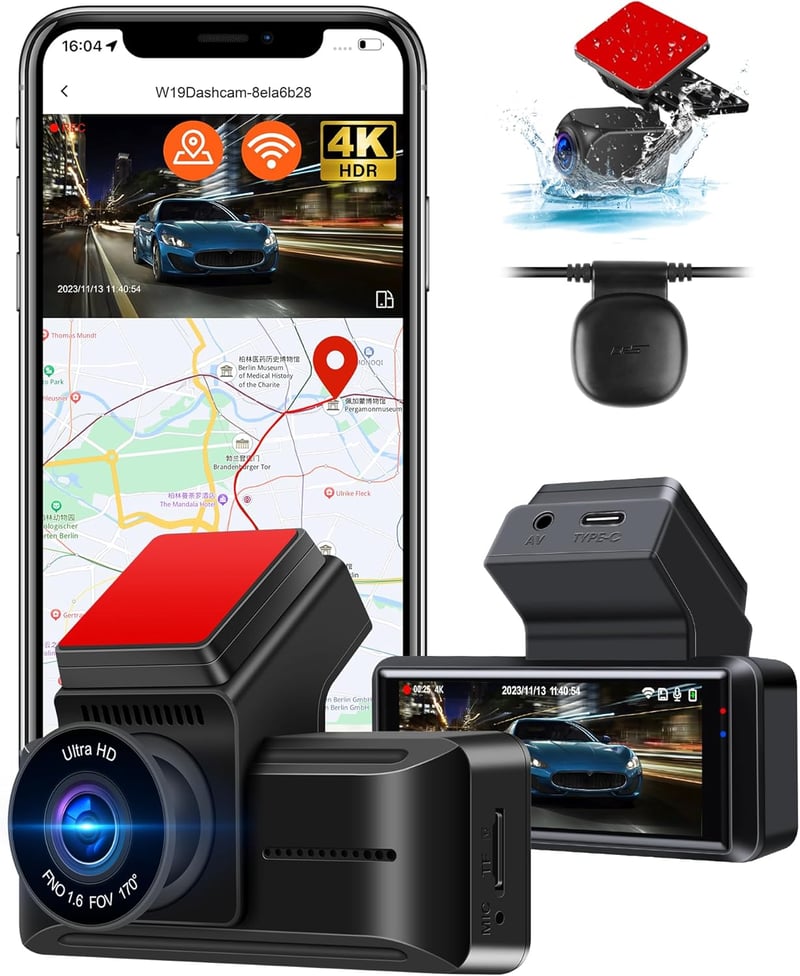 Airpuxem 4K Autós Fedélzeti Kamera WiFi GPS Funkcióval, Első-Hátsó Rögzítéssel, Éjjellátó Üzemmóddal, 170° Látószöggel, WDR, G-szenzor, Type