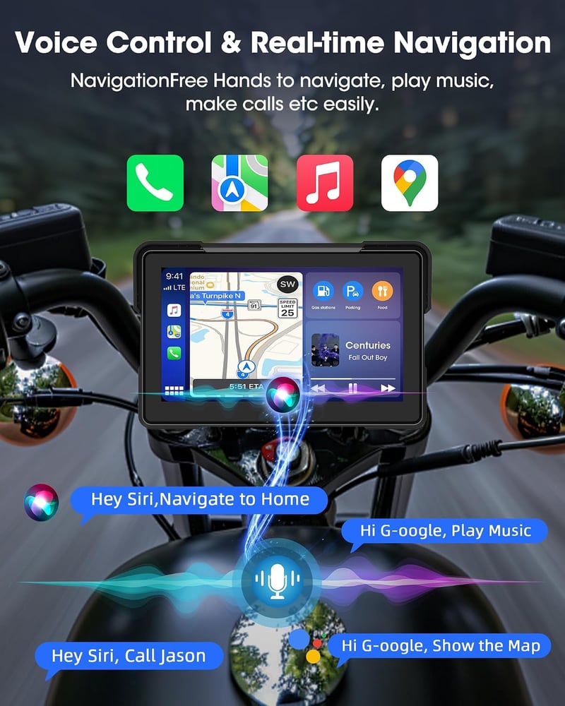 Airpuxem 7 hüvelykes motoros CarPlay Android Auto kijelző Bluetooth navigáció Siri Google Assistant IP67 vízálló