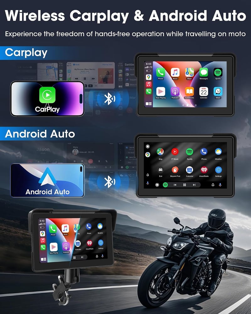 Airpuxem 7 hüvelykes motoros CarPlay Android Auto kijelző Bluetooth navigáció Siri Google Assistant IP67 vízálló