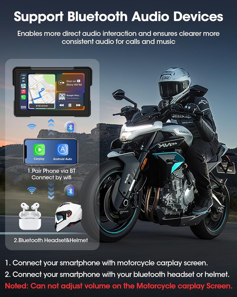 Airpuxem 7 hüvelykes motoros CarPlay Android Auto kijelző Bluetooth navigáció Siri Google Assistant IP67 vízálló