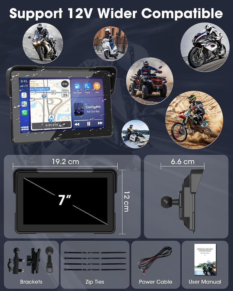 Airpuxem 7 hüvelykes motoros CarPlay Android Auto kijelző Bluetooth navigáció Siri Google Assistant IP67 vízálló