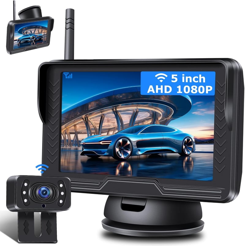 Airpuxem AHD 1080P Vezeték nélküli Tolatókamera 5" Monitorral - 6 LED-es Éjjellátó Rendszer 170° Látószöggel, 12V-os Autókhoz, SUV-okhoz, Te