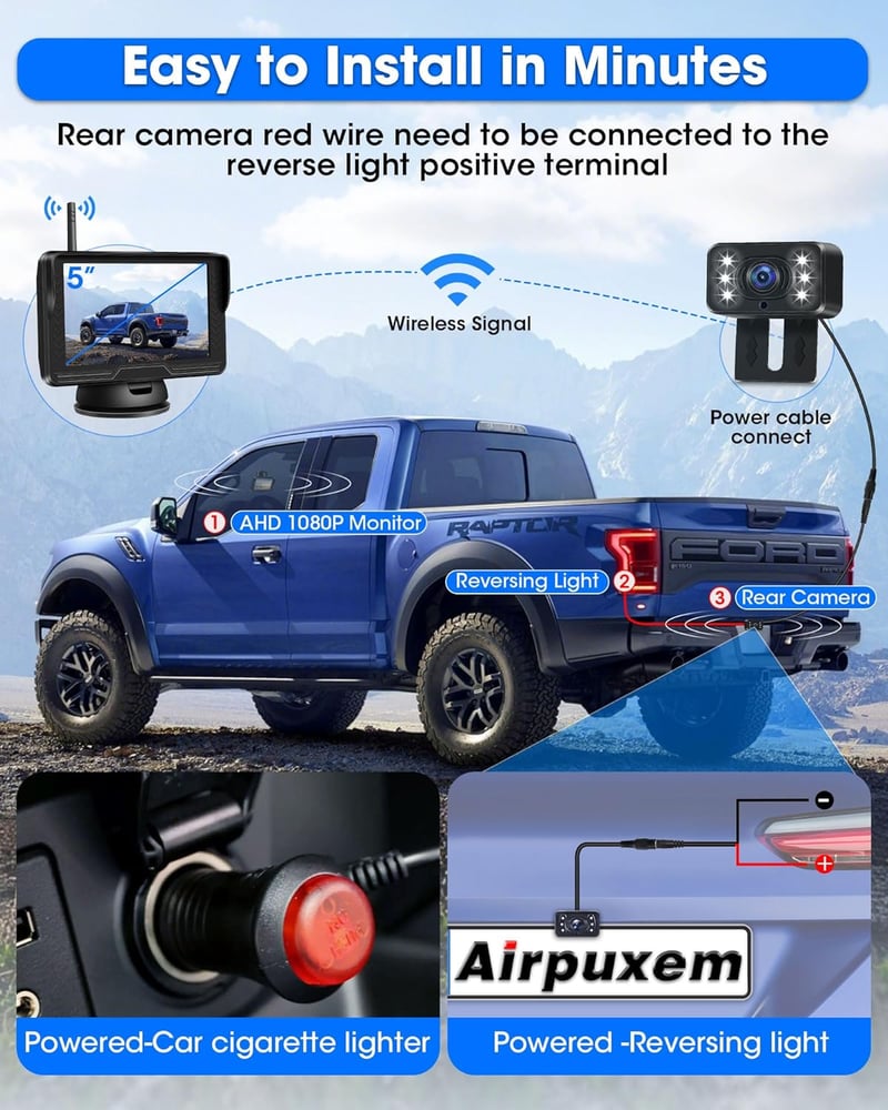 Airpuxem AHD 1080P Vezeték nélküli Tolatókamera 5" Monitorral - 6 LED-es Éjjellátó Rendszer 170° Látószöggel, 12V-os Autókhoz, SUV-okhoz, Te