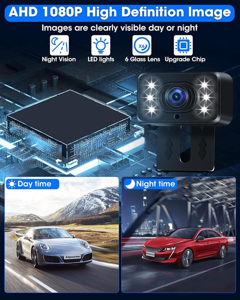 Airpuxem AHD 1080P Vezeték nélküli Tolatókamera 5" Monitorral - 6 LED-es Éjjellátó Rendszer 170° Látószöggel, 12V-os Autókhoz, SUV-okhoz, Te