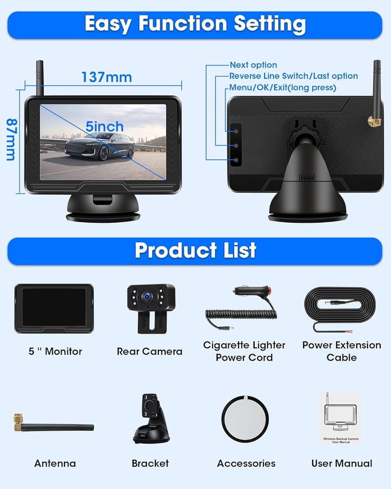 Airpuxem AHD 1080P Vezeték nélküli Tolatókamera 5" Monitorral - 6 LED-es Éjjellátó Rendszer 170° Látószöggel, 12V-os Autókhoz, SUV-okhoz, Te