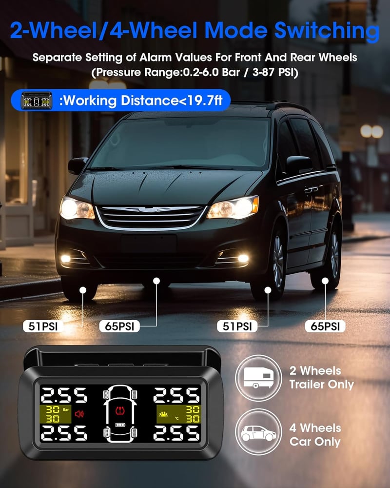 Airpuxem TPMS Abroncsnyomás Figyelő Rendszer - Napelemes, 0,01 Bar Pontosságú, 3,5" Kijelzővel, 4 Külső Szenzorral, 2/4 Kerék Módban