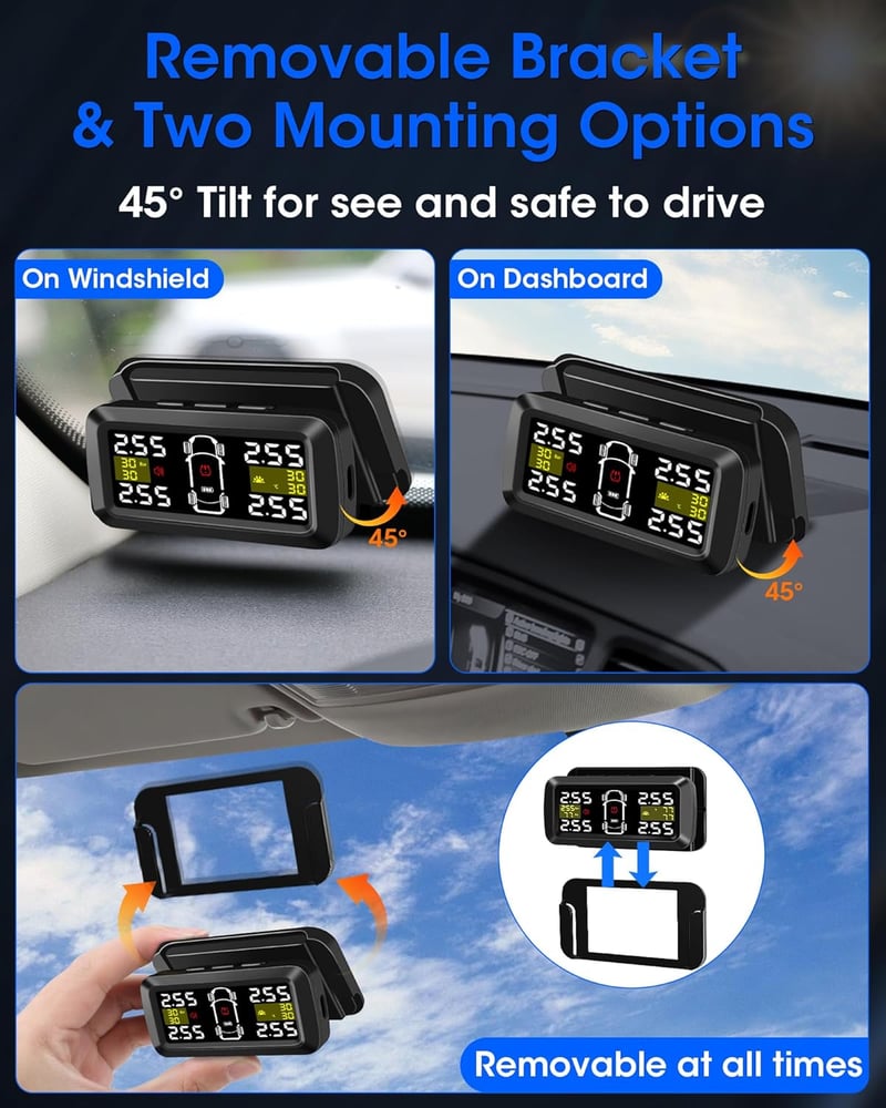 Airpuxem TPMS Abroncsnyomás Figyelő Rendszer - Napelemes, 0,01 Bar Pontosságú, 3,5" Kijelzővel, 4 Külső Szenzorral, 2/4 Kerék Módban