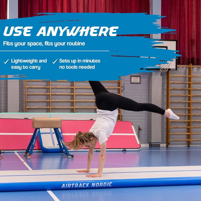 AirTrack Nordic Felfújható Tornaszőnyeg 600 x 100 x 10 cm - Kék PVC Légszőnyeg Pumpával Tornához, Jógához, Otthoni Edzéshez - Tartós, Könnyen Hordozható
