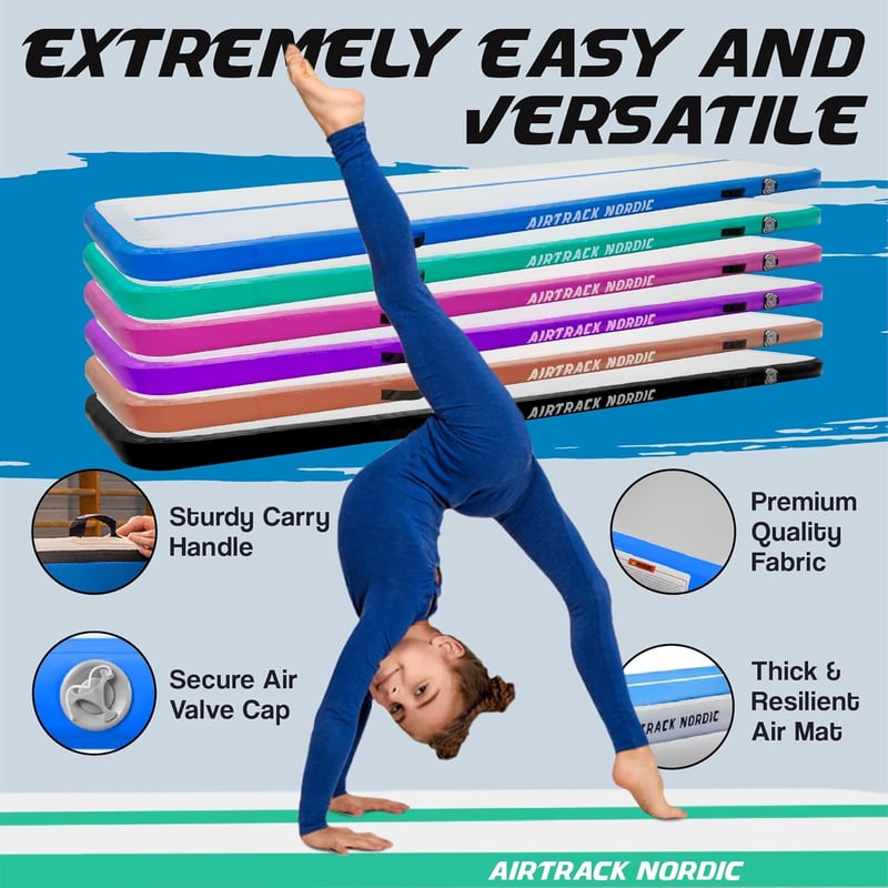 AirTrack Nordic Felfújható Tornaszőnyeg 600 x 100 x 10 cm - Kék PVC Légszőnyeg Pumpával Tornához, Jógához, Otthoni Edzéshez - Tartós, Könnyen Hordozható