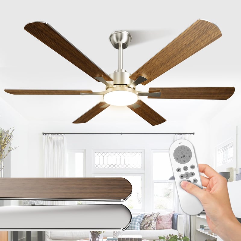 Stropný ventilátor Airwit 132 cm s LED osvetlením, 6 lopatiek, drevo a strieborná farba, DC motor, diaľkové ovládanie, 6 rýchlostí, do spálne a obývačky