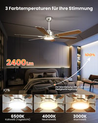 Stropný ventilátor Airwit 132 cm s LED osvetlením, 6 lopatiek, drevo a strieborná farba, DC motor, diaľkové ovládanie, 6 rýchlostí, do spálne a obývačky 3