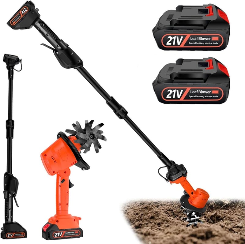 Motocoasă/sapă electrică cu acumulator Aisny 21 V, 2 acumulatori de 3000 mAh, mâner 1,3 m, 4 lame metalice, lățime de lucru 10 cm, adâncime de lucru 10 cm