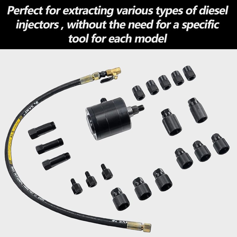 Aisny Pneumatikus Injektor Kihúzó Készlet 19 Adapterrel - Dízel Befecskendezőkhöz, Common Rail CDI Rendszerekhez, Bosch, Delphi, Denso, Siem