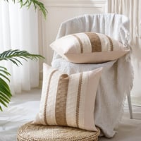 Aisybaklyn Husă de pernă 40x40 cm 2 buc. Husă de pernă decorativă din bumbac în stil Boho pentru canapea, cu dungi maro, țesută, texturată, stil modern de fermă, pentru living și dormitor 3