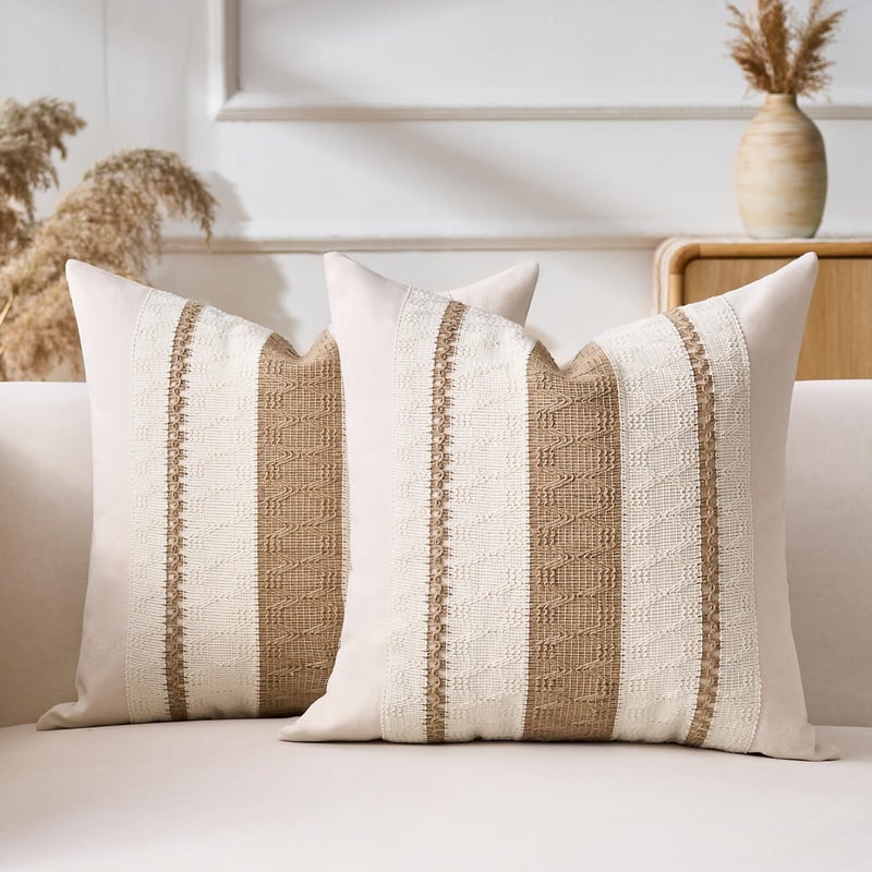 Aisybaklyn Husă de pernă 40x40 cm 2 buc. Husă de pernă decorativă din bumbac în stil Boho pentru canapea, cu dungi maro, țesută, texturată, stil modern de fermă, pentru living și dormitor