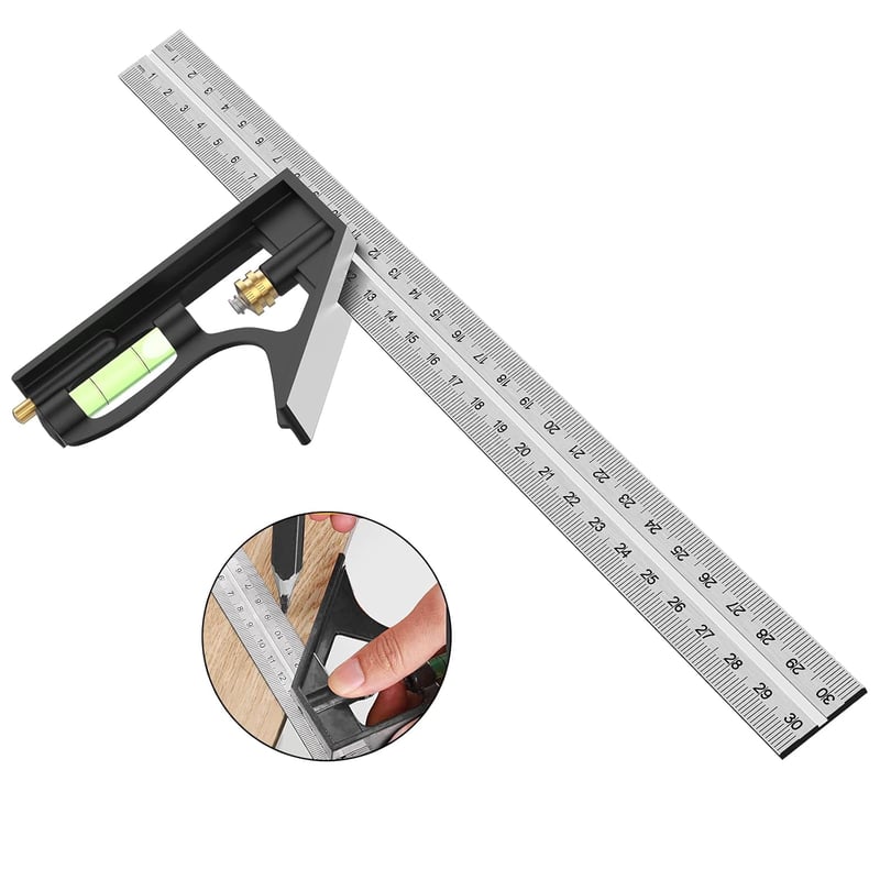 AivaToba Rozsdamentes Szögmérő 300mm 45/90 Fokos Szintezővel Asztaloshoz