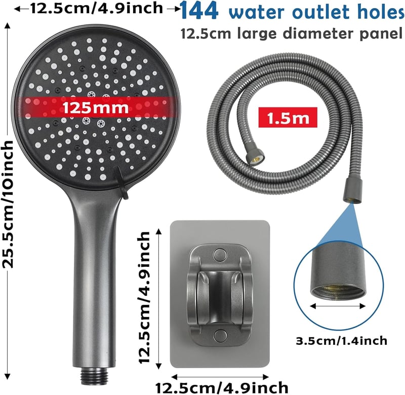 AIXMEET 125mm Zuhanyfej 6 Funkciós Fekete Szett 1.5m Csővel és Tartóval