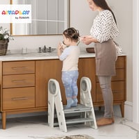 AIYAPLAY Detský stupienok so 3 schodíkmi, skladací, výškovo nastaviteľný, s držadlami, protišmykový, do kúpeľne a kuchyne, sivý 2