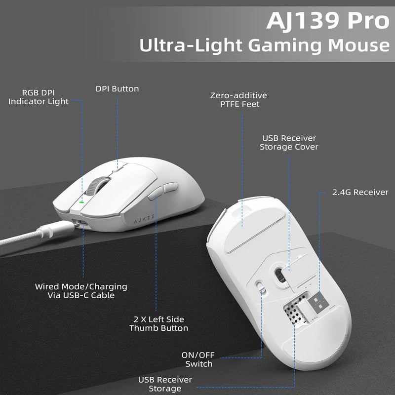 AJAZZ AJ139 PRO X Ultrakönnű Vezeték Nélküli Gaming Egér, 59g, 26000 DPI, Programozható Gombok, 200 Óra Akkumulátor, Fehér