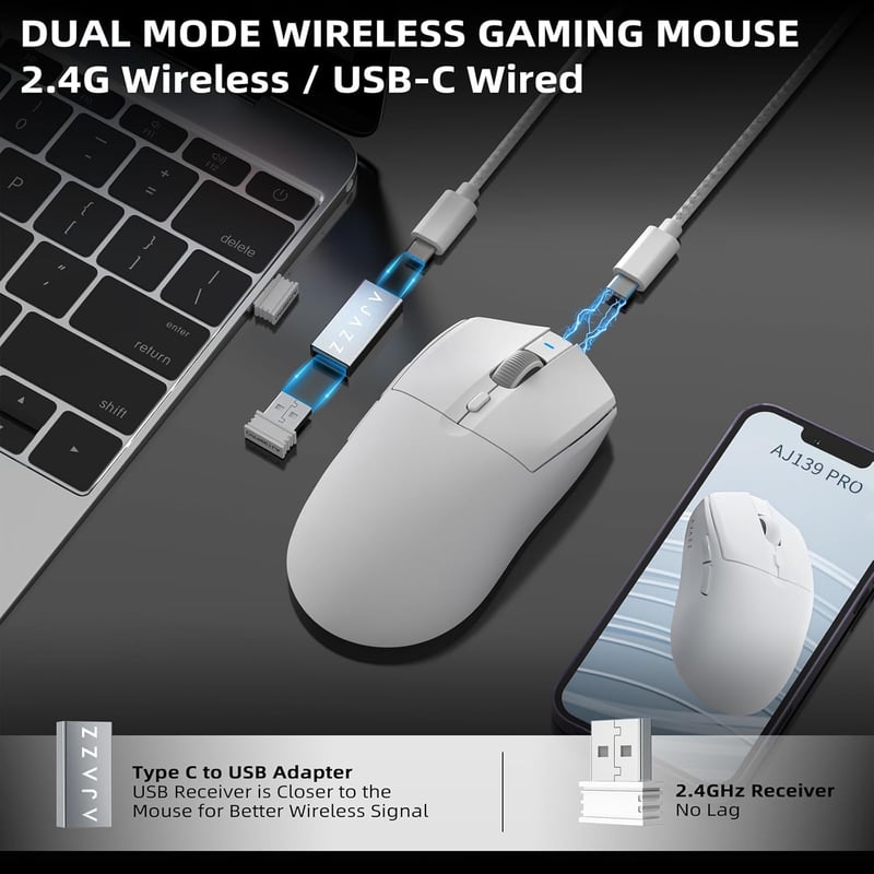 AJAZZ AJ139 PRO X Ultrakönnű Vezeték Nélküli Gaming Egér, 59g, 26000 DPI, Programozható Gombok, 200 Óra Akkumulátor, Fehér
