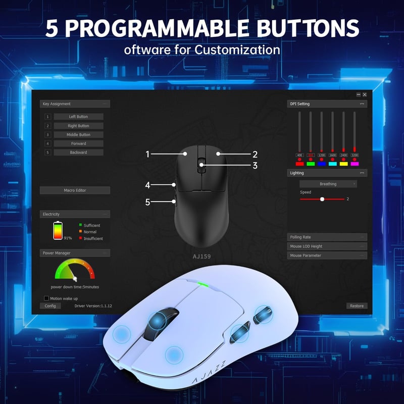 AJAZZ AJ159P Szuperkönyű Vezeték Nélküli Gamer Egér Mágneses Töltőállomással, 56g, PixArt PAW3395 Szenzor, 26000 DPI, PC/Mac Kompatibilis, F