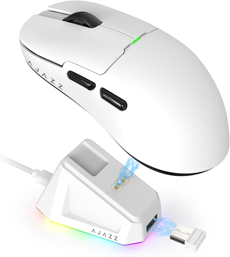 AJAZZ AJ159P Szuperkönyű Vezeték Nélküli Gamer Egér Mágneses Töltőállomással, 56g, PixArt PAW3395 Szenzor, 26000 DPI, PC/Mac Kompatibilis, F