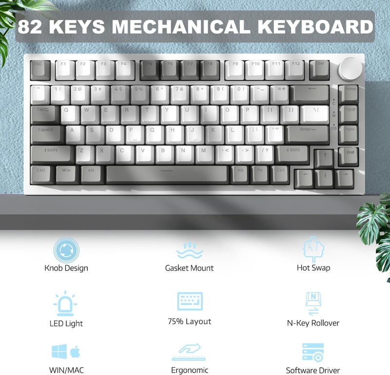 AJAZZ AK820 75% Mechanikus Billentyűzet Hot Swap Linear Switch 82 Gomb CNC Hangerő Szabályozó Szürke Fehér PC MAC
