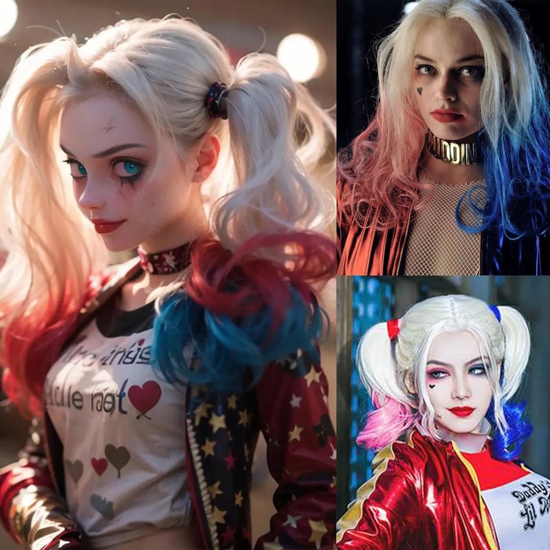 AJDSK Quinn Cosplay Paróka - Rózsaszín-Kék Hőálló Műhaj Öngyilkos Osztag Jelmezhez, Farsangi és Halloween Partikra, Női Cosplay Kiegészítő