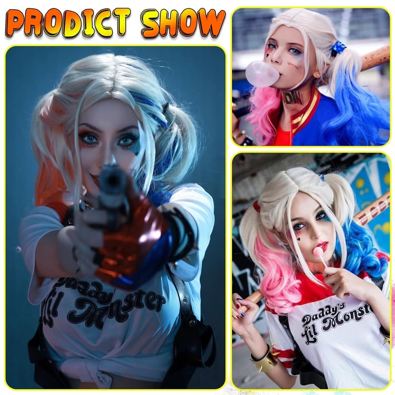 AJDSK Quinn Cosplay Paróka - Rózsaszín-Kék Hőálló Műhaj Öngyilkos Osztag Jelmezhez, Farsangi és Halloween Partikra, Női Cosplay Kiegészítő