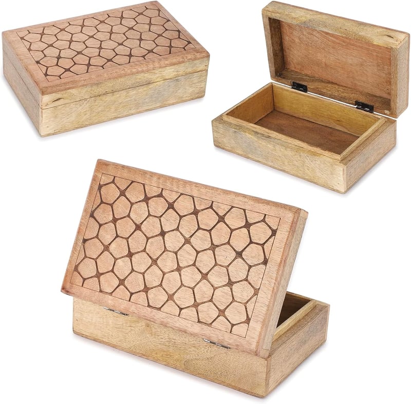Ajuny Kézzel Faragott Fa Ékszertartó Doboz Kő Mintával 20x13cm