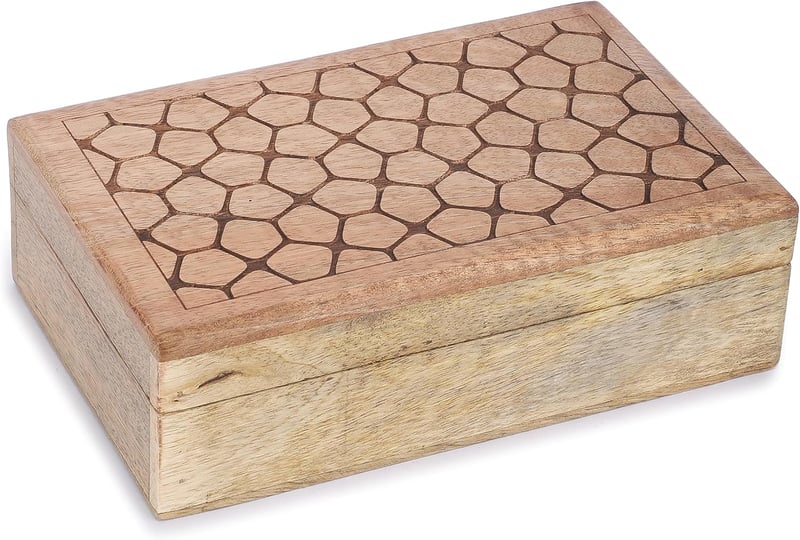 Ajuny Kézzel Faragott Fa Ékszertartó Doboz Kő Mintával 20x13cm