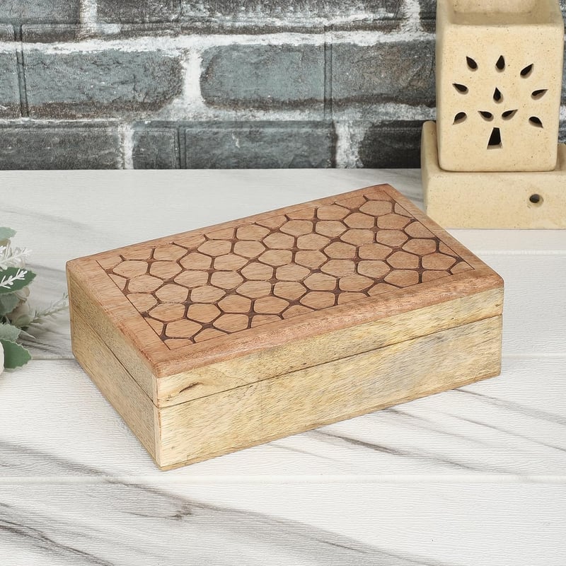 Ajuny Kézzel Faragott Fa Ékszertartó Doboz Kő Mintával 20x13cm