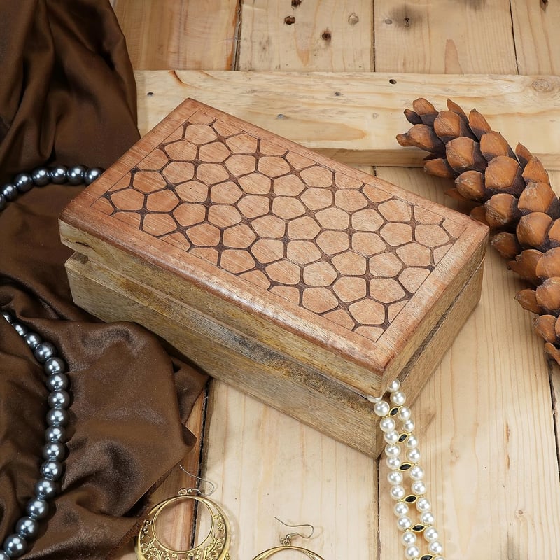 Ajuny Kézzel Faragott Fa Ékszertartó Doboz Kő Mintával 20x13cm