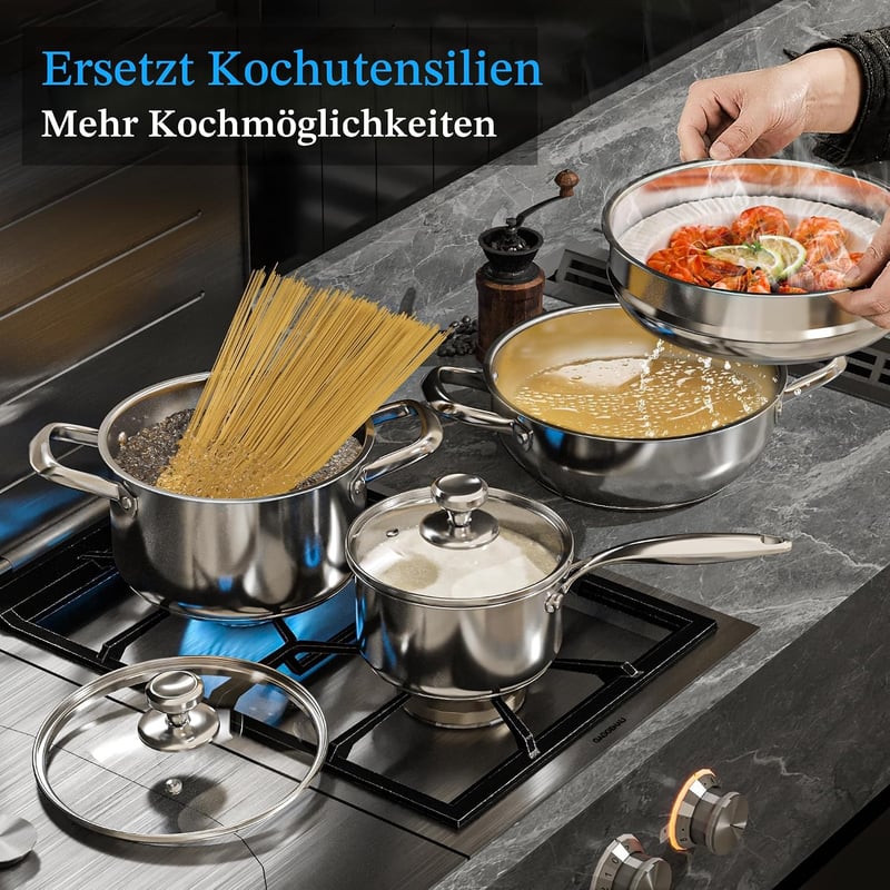 Akaice 12 részes indukciós edénykészlet rozsdamentes acél lábasok 3 rétegű fenékkel párolóval, mosogatógépben mosható, sütőálló 250 C, minde