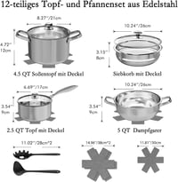 Akaice 12 részes indukciós edénykészlet rozsdamentes acél lábasok 3 rétegű fenékkel párolóval, mosogatógépben mosható, sütőálló 250 C, minde 2