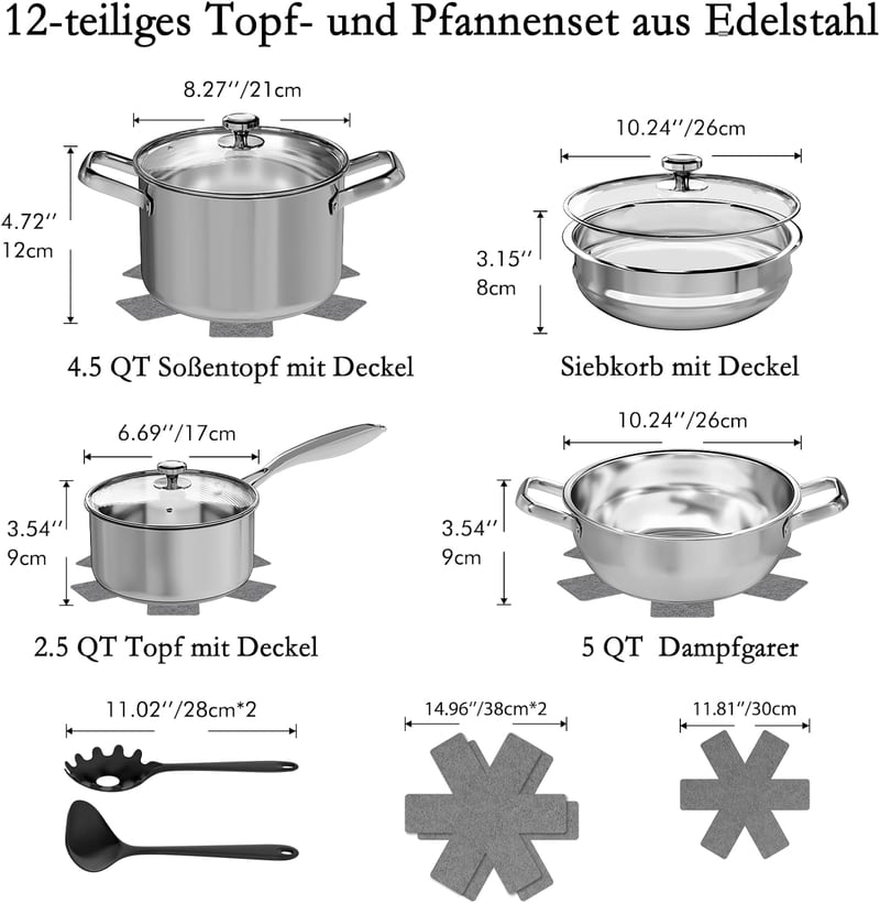 Akaice 12 részes indukciós edénykészlet rozsdamentes acél lábasok 3 rétegű fenékkel párolóval, mosogatógépben mosható, sütőálló 250 C, minde