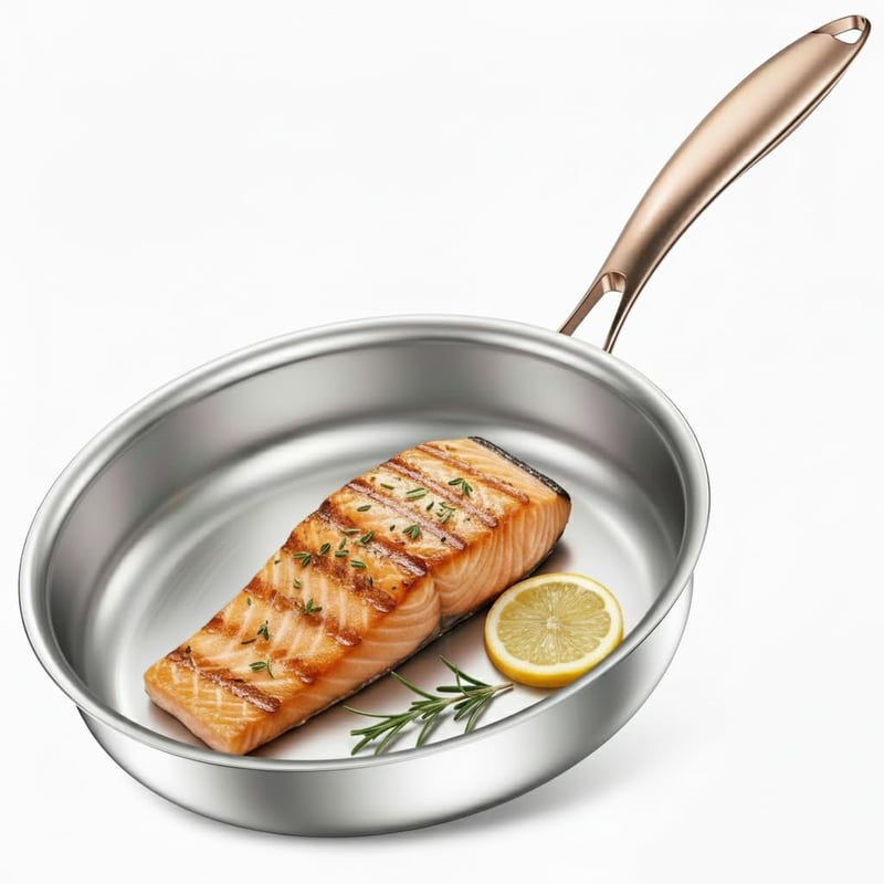 Tigaie din oțel inoxidabil Akaice 28 cm fără strat antiaderent, tigaie cu inducție din titan, oțel 18/10, mâner rose gold, 3 straturi, pentru toate tipurile de plită, fără PTFE