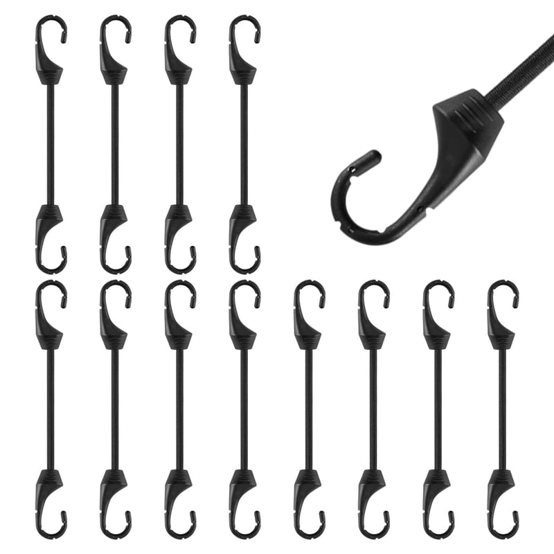 Akicderu gumové laná s hákmi, 12 ks silných expandérov s hákmi, čierne, 10 cm, robustné upínacie gumy, univerzálne elastické popruhy